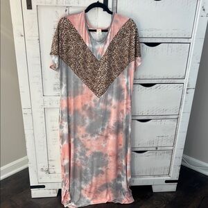 Pink and Gray Tie-Dye Maxi Dress with Leopard Print